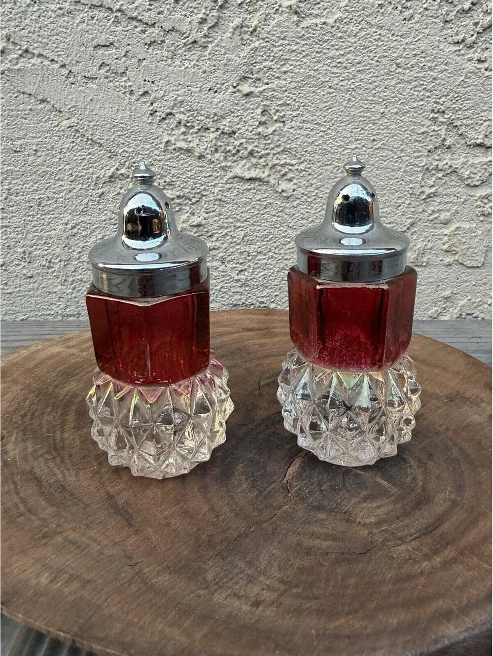 Vintage Indiana Glass Ruby Red Flash Diamond Point Crown Salt Pepper Shakers